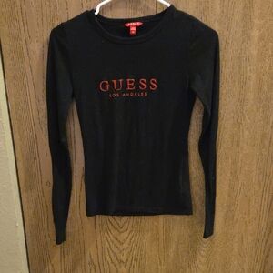 Guess Black Long Sleeve Tee with Red Logo - Women's
